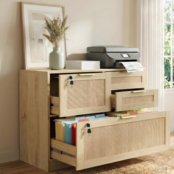 LAZZO File Cabinet with Lock, 4-Drawer Rattan-Front Wood Filing Cabinet for Letter, Legal, A4 and F4 Files, Natural Wood Finish