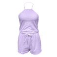 thumbnail image 4 of OOOUM Women Eyelet Halter Crop Tank Set Hollow Out Drawstring Shorts Two Piece Outfit Ladies Summer Casual Vacation Tracksuit Light Purple XL, 4 of 4