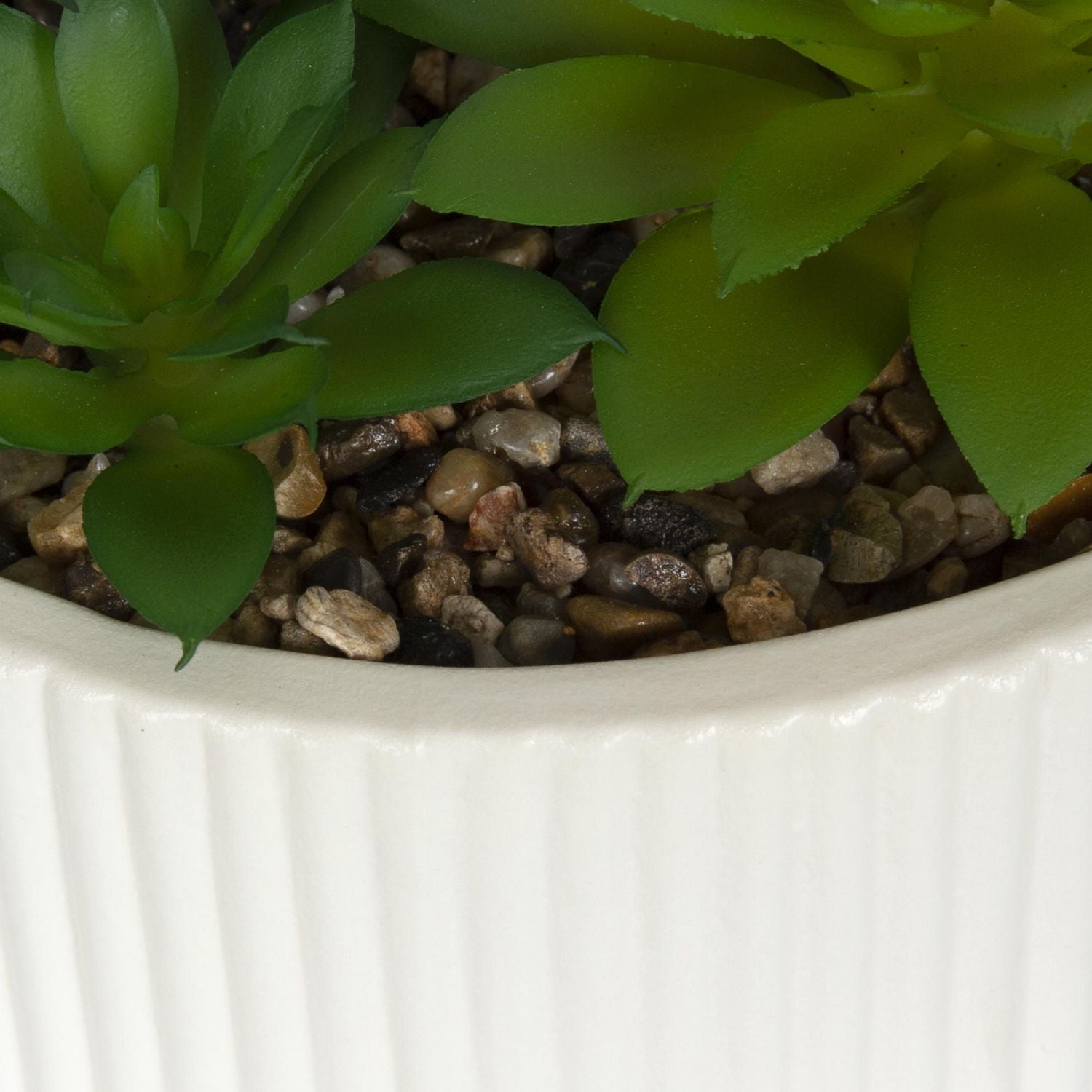 DesignOvation 6.25"H Tabletop Artificial Succulents in White Ribbed Pot, 7.13in W x 6.25in H x 7.13in D