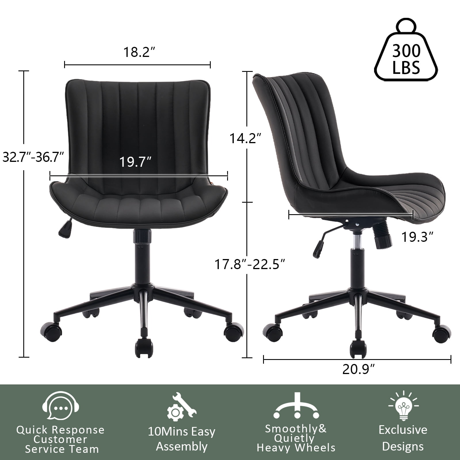 YOUNIKE Cute Armless Office Desk Chair Modern Upholstered Faux Leather Swivel Task Chair, Black