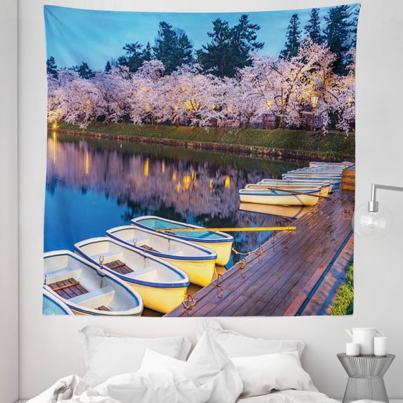 Landscape Tapestry, Cherry Blossoms Boats Port Romantic View Sakura Spring Season Japan Asia, Fabric Wall Hanging Decor for Bedroom Living Room Dorm, 5 Sizes, Multicolor, by Ambesonne
