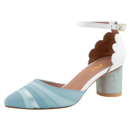 FSJ Women Chic Block Chunky Low Heels Pumps Rainbow Pointed Closed Toe Ankle Strap Buckle D Orsay Sandals Multicolor Ladies Party Office Shoes Size 15 Blue