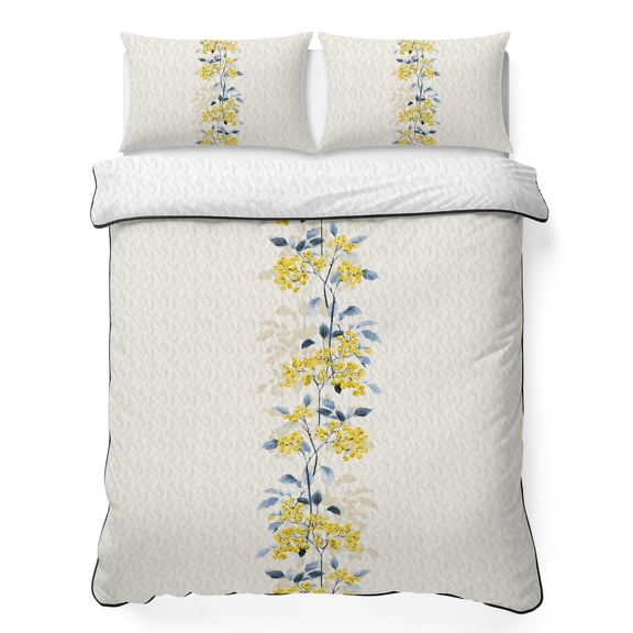Queen Quilt Set 90''x96'', Yellow Fruit Lightweight Bedspread Coverlet Set with 2 Pillow Shams, Vintage Country Leaves Berries Blue Plants Breathable All Season Quilt Bedding for Bedroom/Guest Room