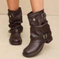 thumbnail image 2 of hopeusnice Women Mid Calf Slouch Boots With Double Buckle Straps Low Heel Leather Upper For Edgy And Casual Style Brown 41, 2 of 9