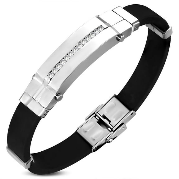 Stainless Steel Black Rubber Silver-Tone White CZ Mens Bracelet