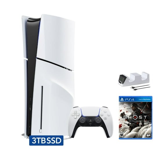 PlayStation 5 Slim Disc 3TB SSD Edition Bundle with Ghost of Tsushima and C-Gamers Dual-Controller Charger - PS5, White