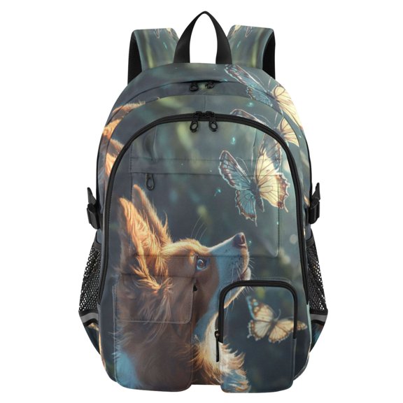 Large Capacity Student Backpack, 14 Inch Laptop Backpack, Wear-Resistant Polyester Travel Backpack with Reflective Strips for Commuting Outdoor Beautiful Dog and Butterflies