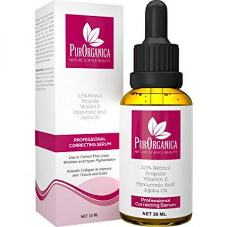PurOrganica RETINOL SERUM - Best Treatment for Acne and Acne Scars, Pigmentation, Fine Lines, Wrinkles and Dark Circles - Premium 2.5% Retinol, Vegan Hyaluronic Acid & Jojoba