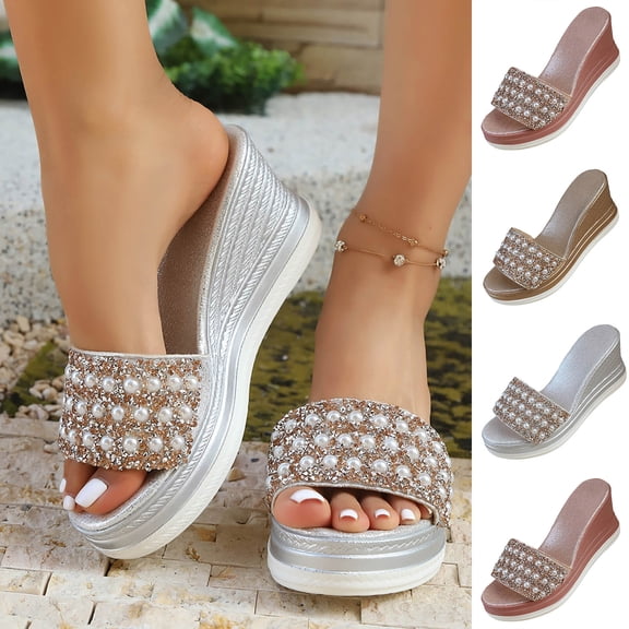 Miluxas Women's Crystal Open Toe Wedge Sandals Slides,Summer Fashion Outdoor Platform High Heeled Casual Dress Rhinestones Wedge Sandals Silver 9.5(43)