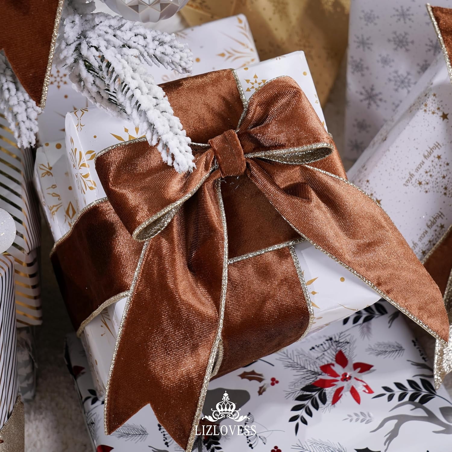 Brown Velvet Wired Ribbon with Glitter Back 2.5 Inch Camel Christmas Ribbon Wired Reversible Ribbon for Christmas Tree, Gift Wrapping, Crafts, Wreaths Supplies, Topper Bows (10 Yards)