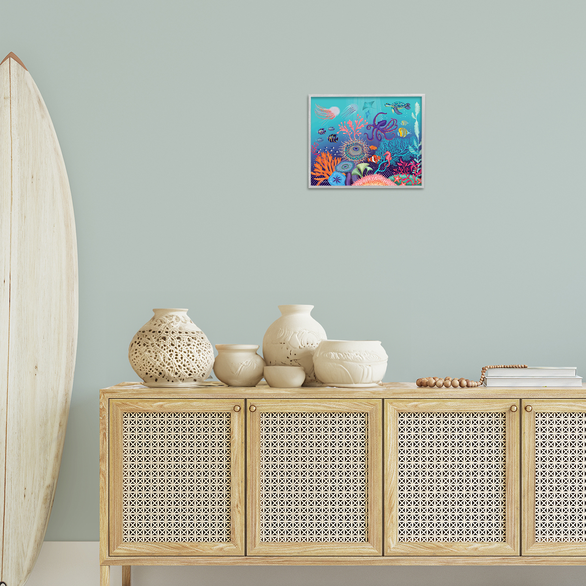 Stupell Industries Magical Underwater Reef Nautical & Beach Painting Gray Framed Art Print Wall Art, 11 x 14