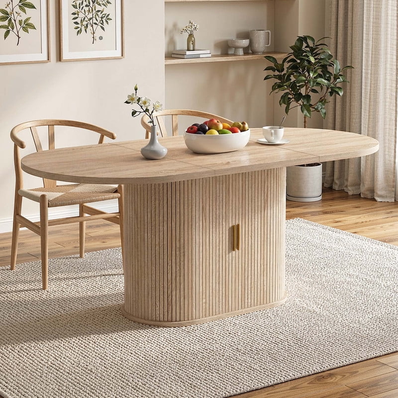 Uforic Oval Dining Table for 6-8 People, 70.9" Modern Kitchen Table with Fluted Base and Storage, Oak