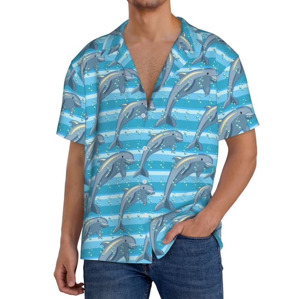 Fotbe Dolphin Camisa Estampada de Manga Corta para Hombre, Casual de Verano, Estilo Playero, Sin Arrugas-Large
