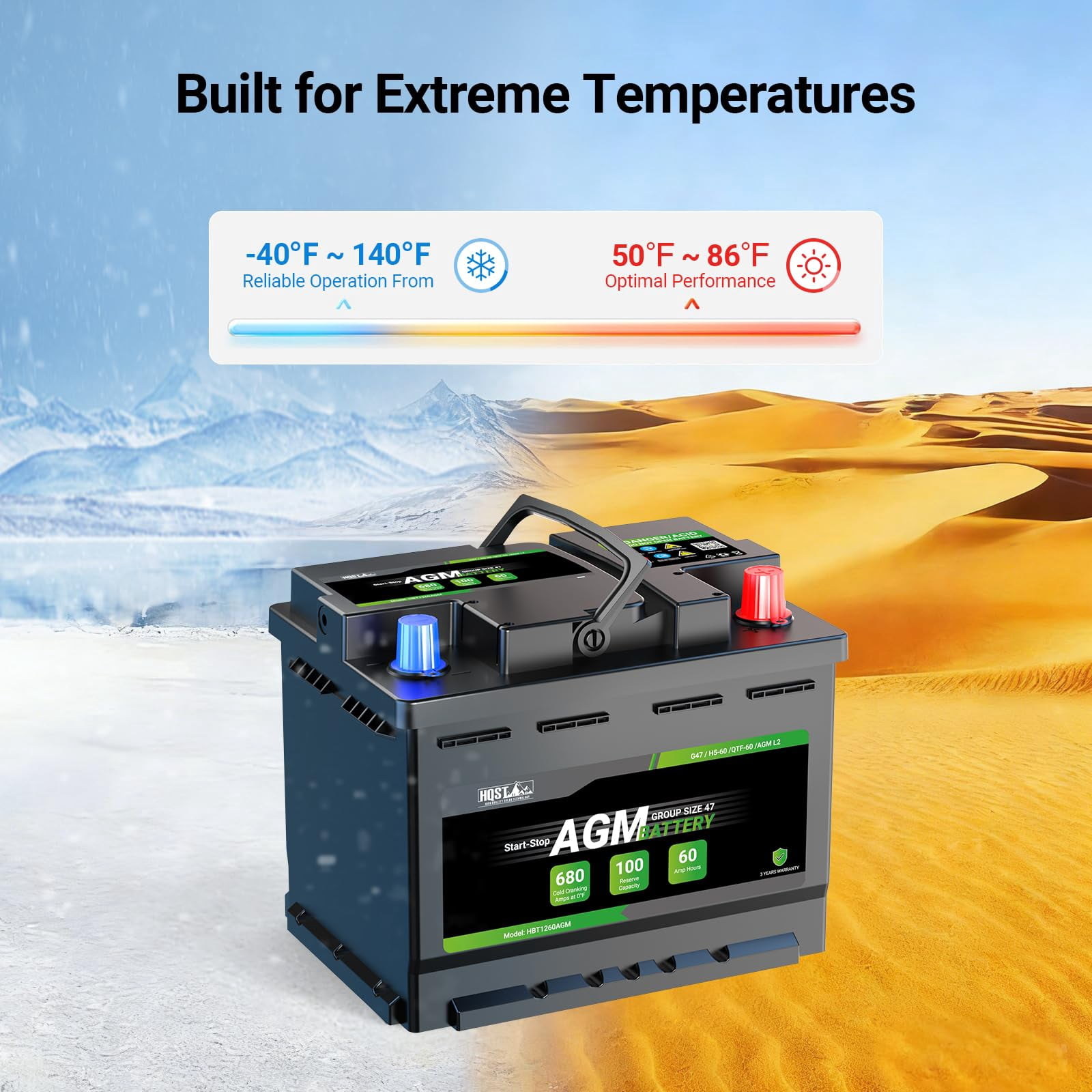 HQST H5 Group 47 AGM Automotive Battery, 12V 60Ah 680 CCA 100RC, Start-Stop Car Battery for Sedan, SUV, Truck, Maintenance-Free Automotive Replacement Battery