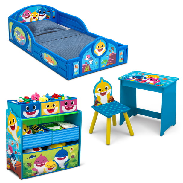 Baby Shark 4-Piece Room-in-a-Box Bedroom Set by Delta Children - Includes Sleep & Play Toddler Bed, 6 Bin Design & Store Toy Organizer and Art Desk with Chair