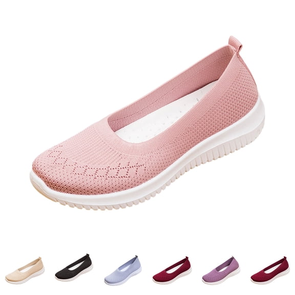 Domzle Womens Orthopedic Loafer Sneakers Wide Width Lightweight Slip-On Walk Sneaker with Arch Support for Casual Work Breathable Toe Mesh Knitted Walking Shoes for Summer Pink