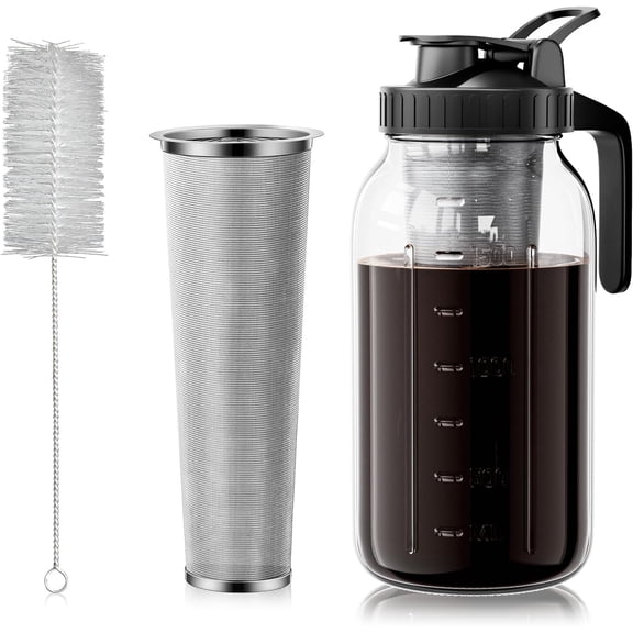 Cold Brew Coffee Maker 64oz, Iced Coffee Maker with 304 Stainless Steel Filter, Mason Jar Pitcher with Lid and Spout (Black)