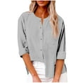 thumbnail image 2 of Abomasnow Shirts for Women Casual Long Sleeve Button Down T-Shirts Trendy Solid Color Crewneck Tops with Pocket S-2XL, 2 of 6
