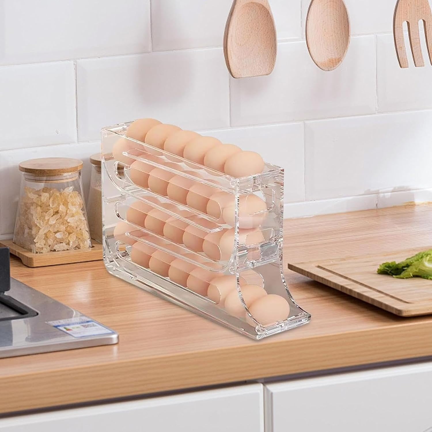 4 Tiers Egg Holder for Fridge, 2024 New Automatic Scrolling Egg Rack Holder, Space-Saving Egg Dispenser Auto Rolling, Large Capacity Eggs Organizer Storage 30 Egg for Fridge