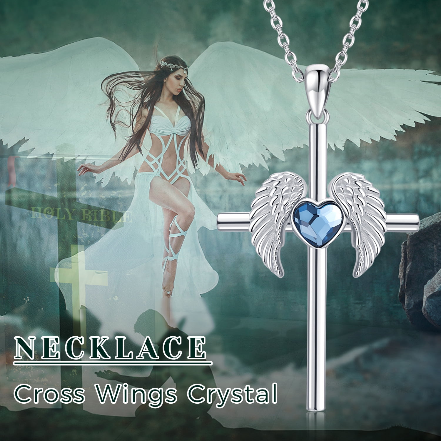 Coachuhhar Cross Necklace 925 Sterling Silver Angel Wings Pendant Necklace with Heart Blue Crystal Cross Jewelry Gifts for Women