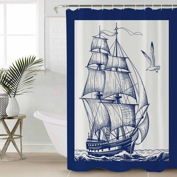 Nautical Sailboat Bathroom Curtain 72 Inch Shower Curtain with Hooks, Navy Blue Ocean Seagull Waves Ship Waterproof Polyester Bath Curtain Washable Bathtub Curtain 72''x 72''