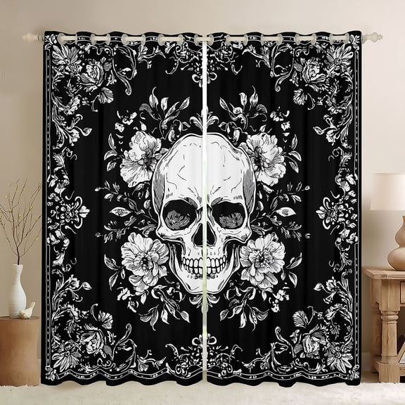 jejeloiu Spooky Gothic Black Out Curtains,Skull Flower Pattern Curtains Pack of 2 (42x63 Each),White Gray Black Bedroom Curtains For Men Women,Super Cozy Room Decor