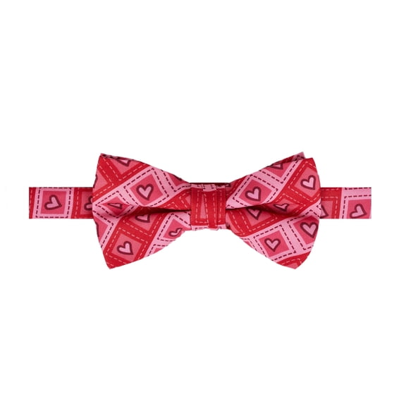 Jacob Alexander Men's Happy Valentine's Day Diagonal Striped Hearts in Squares Pattern Pre-Tied Adjustable Banded Bow Tie - Red
