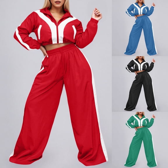 Hpapadks Cozy Lounge Sets for Women Athletic Wear Long Sleeve Colorblock Zipper Jacket Wide Leg Pants 2 Piece Outfits Tracksuits for Women Set