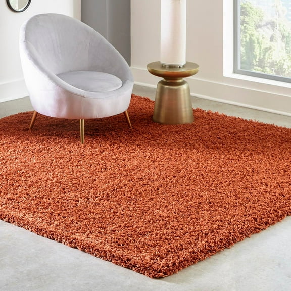 Unique Loom Solid Shag Collection Area Rug (7' 10" Square Terracotta)