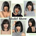 thumbnail image 2 of Phocas Black Short Bob Wigs for Women 14inch Highlight White Shoulder Length Heat Resistant Synthetic Wig with Bangs, 2 of 6