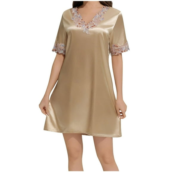 Tnhcen Women's Satin Nightgown V-Neck Sleepwear Bridal Loungewear Short Sleeve Nightdress Soft Pajamas S-XL Multiple Colors Available Beige
