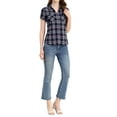 thumbnail image 3 of MODA NOVA Juniors Cotton Boyfriend Button Front Short Sleeves Plaid Shirt XL Dark Blue, 3 of 7