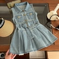 thumbnail image 2 of Mercatoo Fashion Toddler Girl Denim Shirt Dress with Belt Kids Summer Sleeveless Lapel Dress Retro 𝐁utton Denim Dresses, 2 of 9