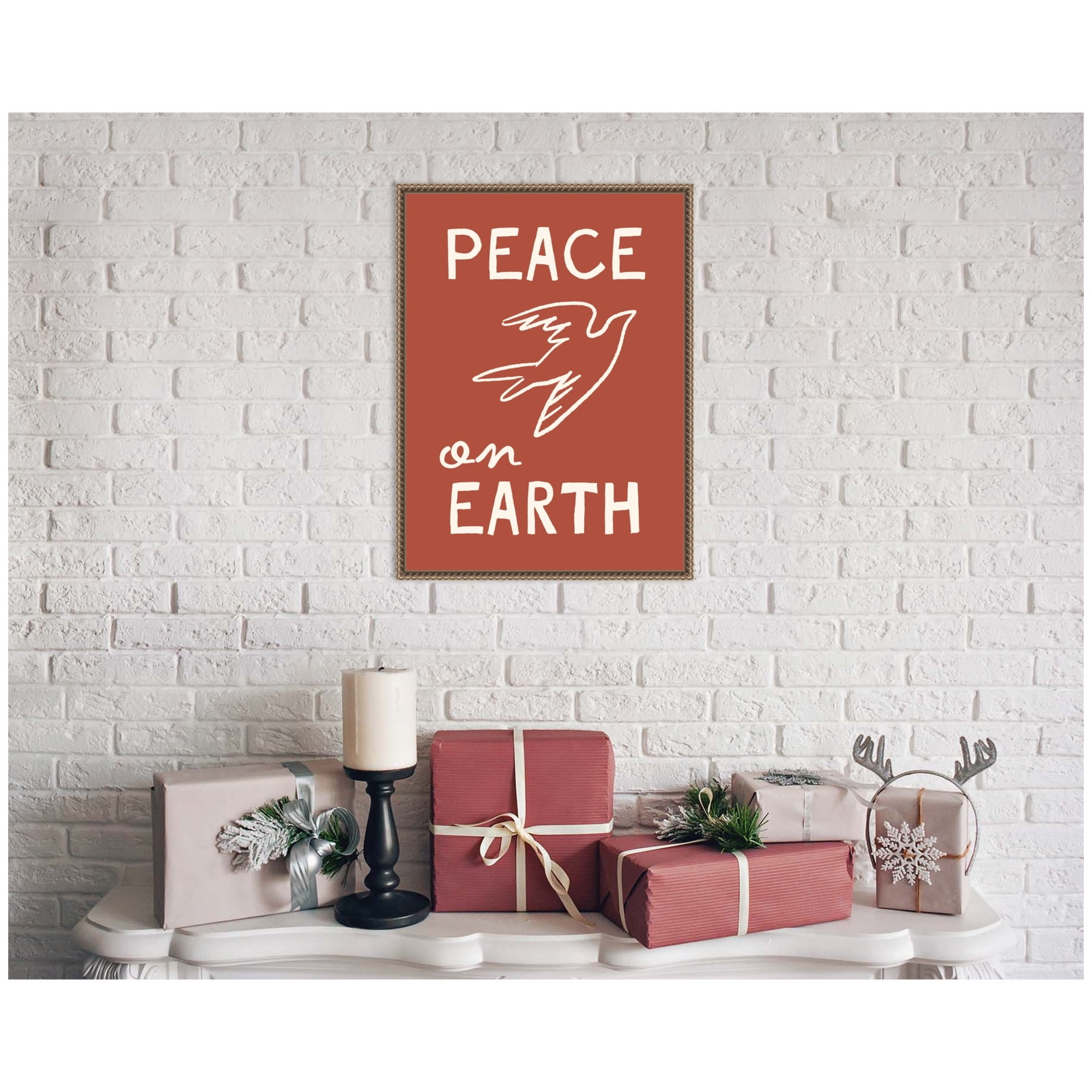 Kate and Laurel Framed Canvas Wall Art Print Peace on Earth by Kikiandnim 18 x 24 Sylvie Beaded Dark Gold Frame Holiday Art for Christmas Decor