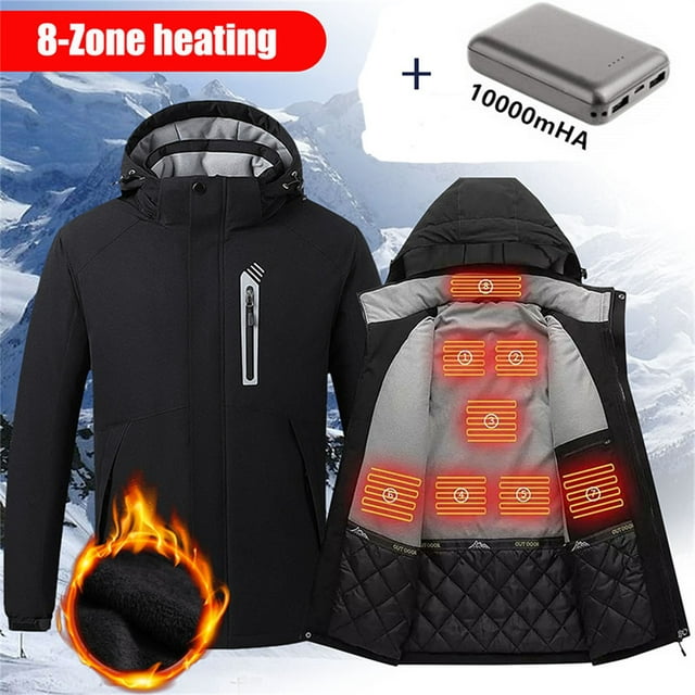 UKAP Mens Electric Heated Jacket with Detachable Hood (Battery Included) Washable Unisex Winter Body Warmer Women Heating Coat Clothing