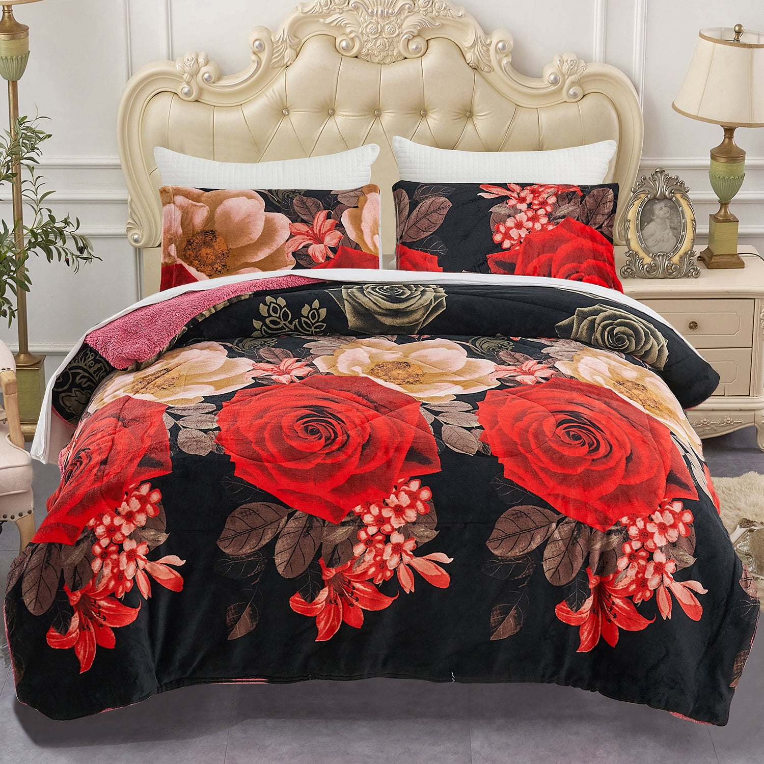 JML Plush Sherpa Bed Blanket, Fluffy & Soft, Reversible, Thick, King 79"x91",Black Rose
