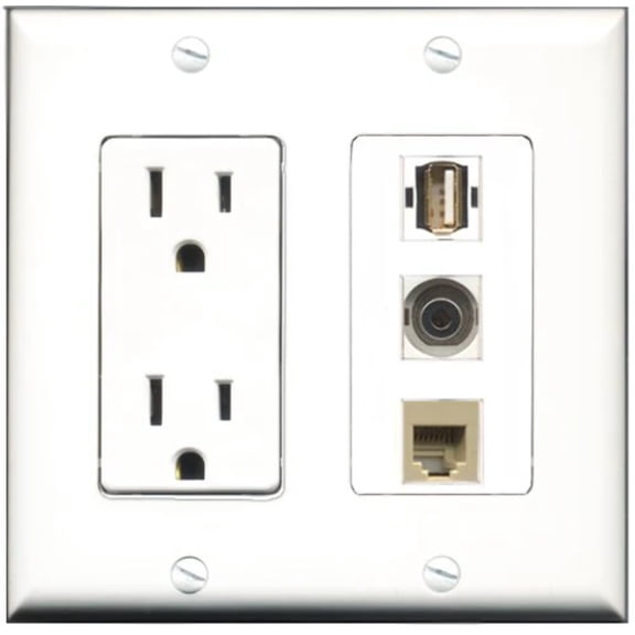 RiteAV - 15 Amp Power Outlet 1 Port USB A-A 1 Port Phone Beige 1 Port 3.5mm Decorative Wall Plate