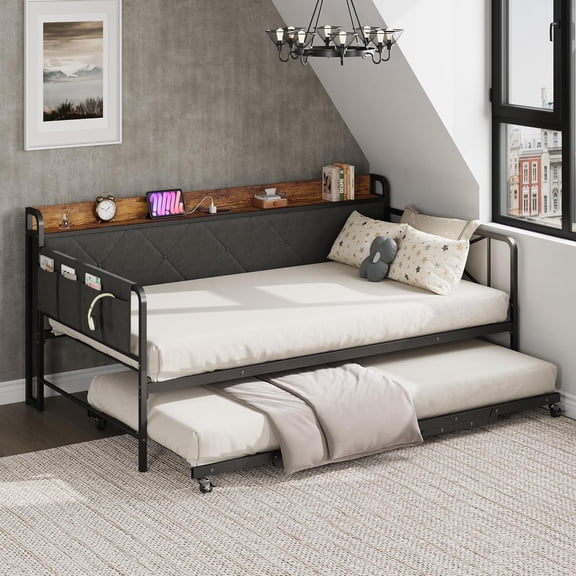 Metal Wood Sofa Bed with Twin-size upholstered daybed with pop-up trundle, Convertible sofa and sleeping solution for Bedroom,Twin,Black&Gray