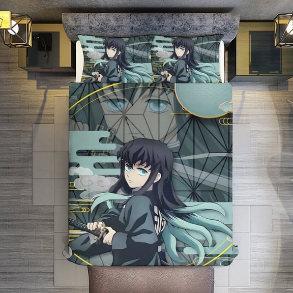 Demon Slayer Tokito Muichiro 3-Piece Bedding Comforter Set Bed Cover Set Soft Warm Bedding for Bedroom, Home, Hotel 86"x70"