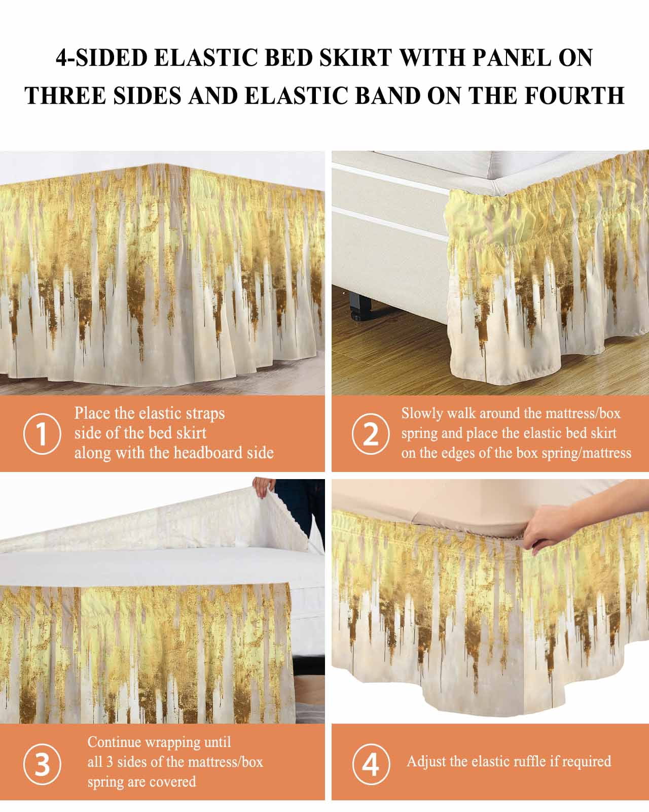 Abstract Gold Wrap Around Bed Skirts for Queen Bed 18" Drop,Bed Skirt with Adjustable Elastic Belt Dust Ruffle Bed Valance for Bedroom Hotel Luxury Modern Brush Luxury Strokes Artwork Bed Frame Cover