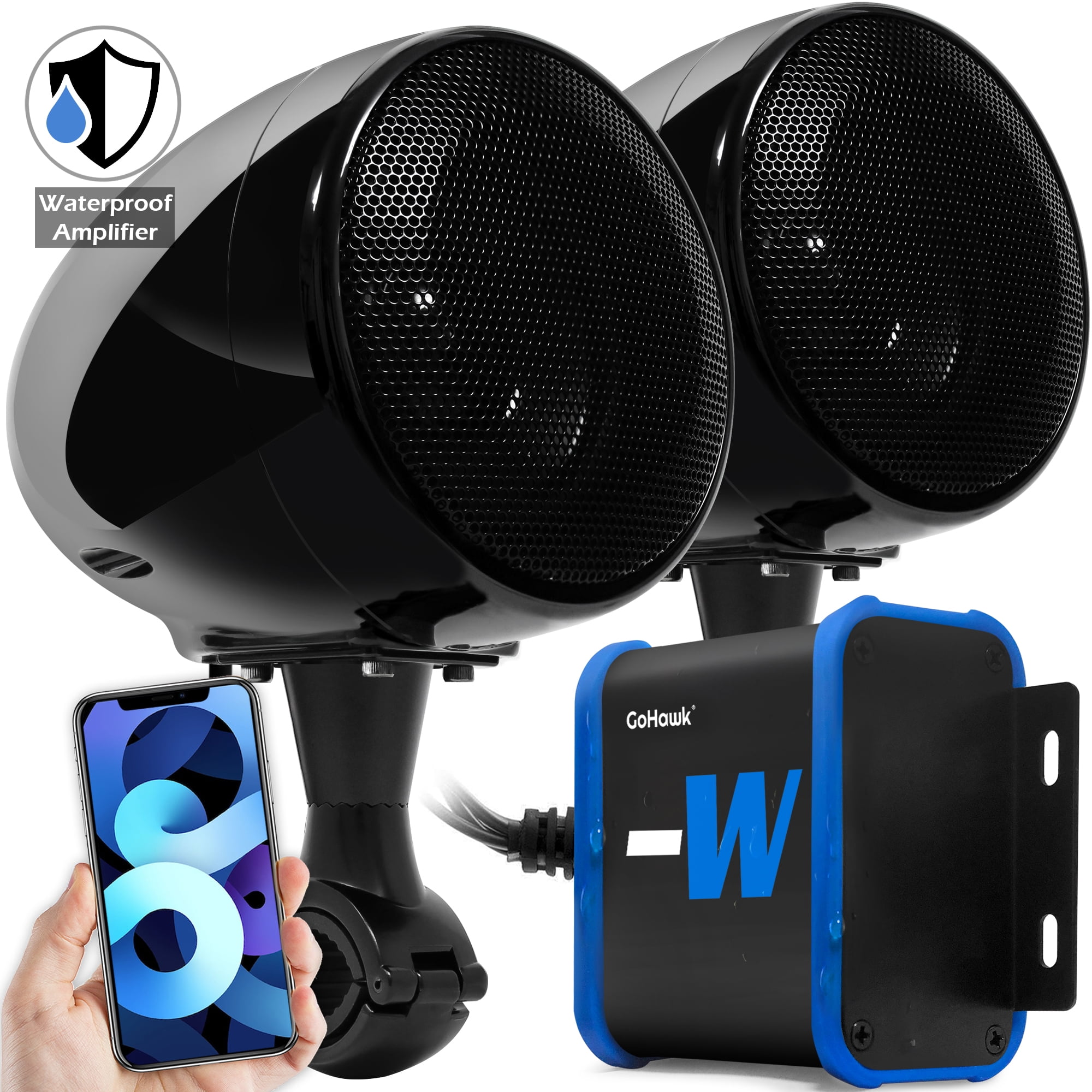 GoHawk TN4-W Waterproof Amplifier 4" Motorcycle Bluetooth Stereo Speakers Handlebar Mount Audio Amplifier System Harley ATV 4-Wheeler USB FM Radio