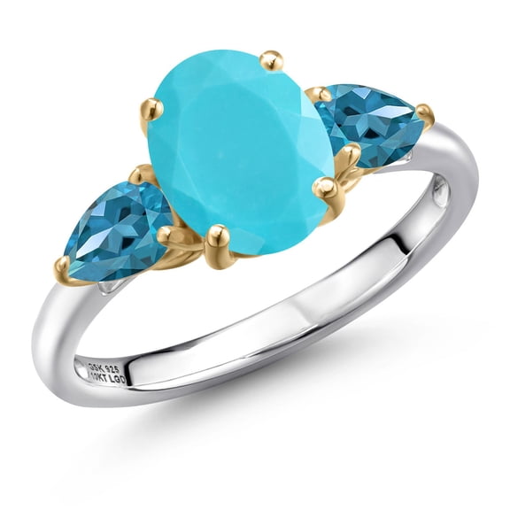 Gem Stone King 925 Silver and 10K Yellow Gold Green Turquoise and London Blue Topaz Engagement Ring for Women | 2.30 Cttw | Oval 9X7MM | Gemstone Birthstone | Size 8