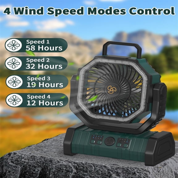 Camping Battery Operated Powered Fan with LED Lantern Light 20000mAh Rechargeable Portable, Oscillating Fan with 360° Rotation Hanging Hook for Tents, Cordless USB Desk Fan(Blackish Green)