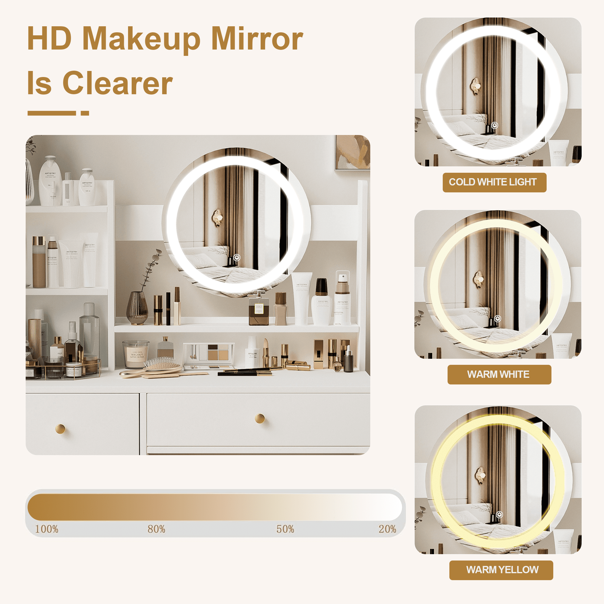 Makeup Vanity Desk with Mirror and Lights Dressing Table with 2 Drawers & Adjustable 3 Color Lighting Brightness for Bedroom Storage Cabinet,White