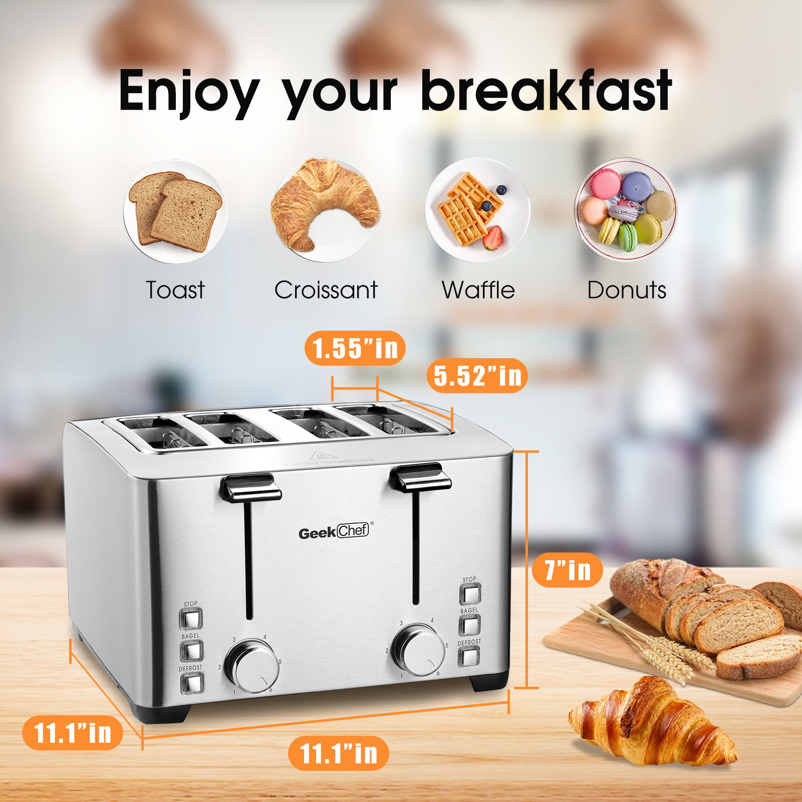 Toaster 4 Slice 1.6 Wide Slot Stainless Steel Toasters with Bagel, Reheat,  Cancel, Defrost Function, 6 Shade Settings, Removable Crumb Tray, 1550W