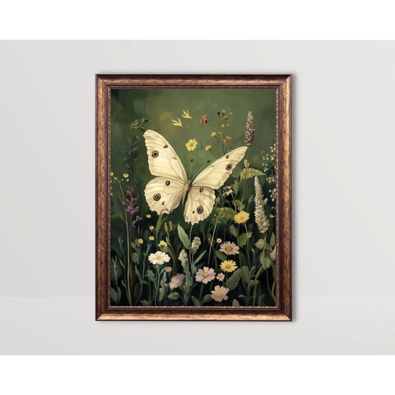 White Butterfly In Wildflowers, Dark Green Wall Art, Whimsical Art Poster, Vintage Moody Posters Flower Field Academia Art Home Decor, 8x12 UNFRAMED
