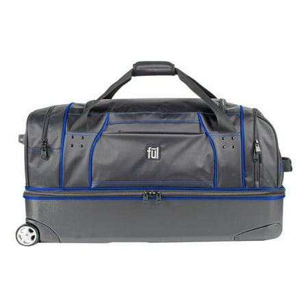FUL Workhorse 30in Rolling Duffel Bag, Retractable Pull Handle, Split Level Storage, Black And Blue