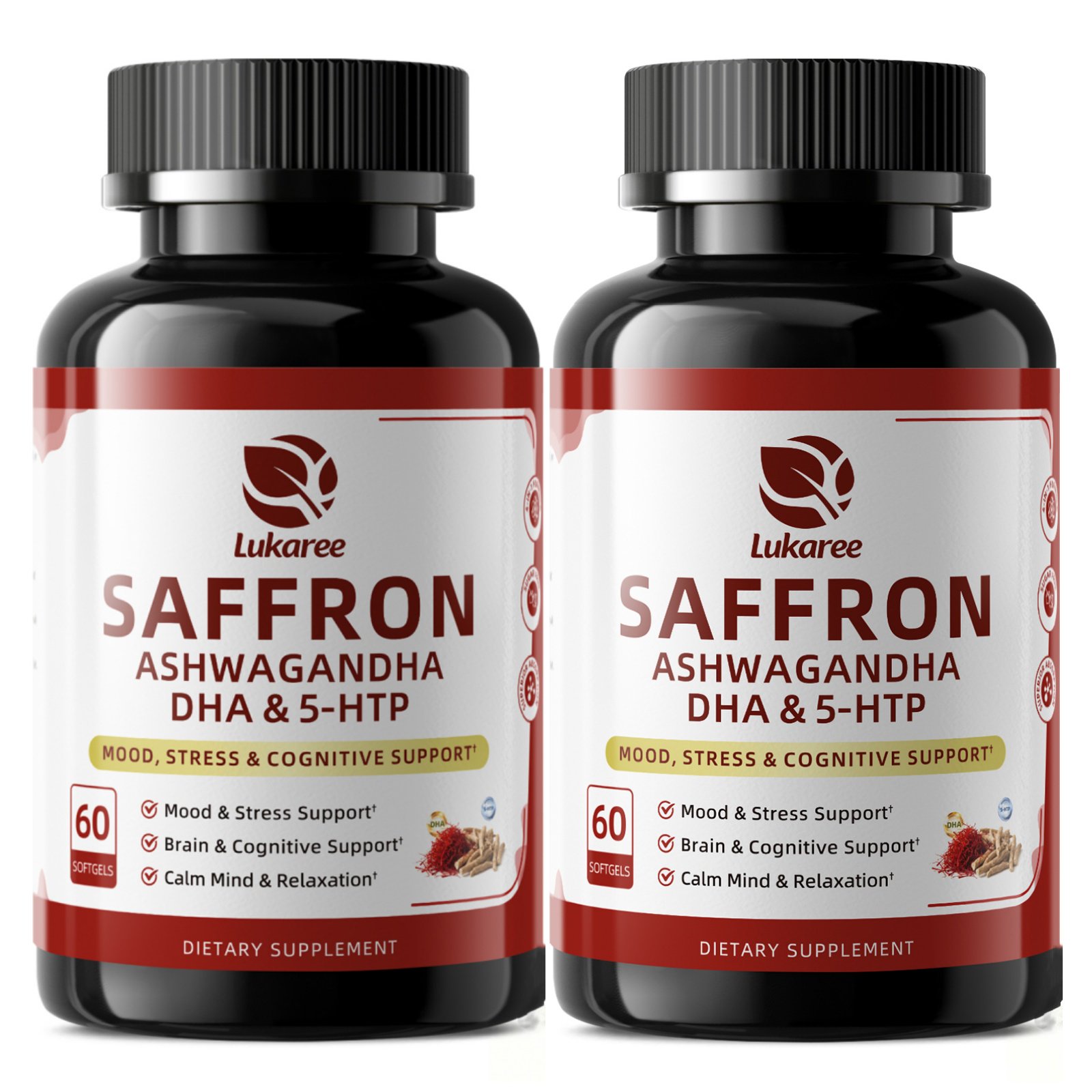(2 PACK)Lukaree 88.5mg Saffron Softgels with Ashwagandha, 5-HTP & Algae Oil DHA for Relaxation, Mood & Cognitive Support(60 Servings)