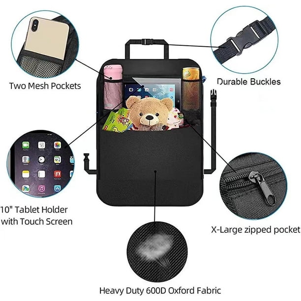 Organizador del asiento trasero del automóvil, 1 paquete de alfombrillas protectoras para el respaldo del asiento con soporte para tableta con pantalla táctil para niños pequeños, bolsillos
