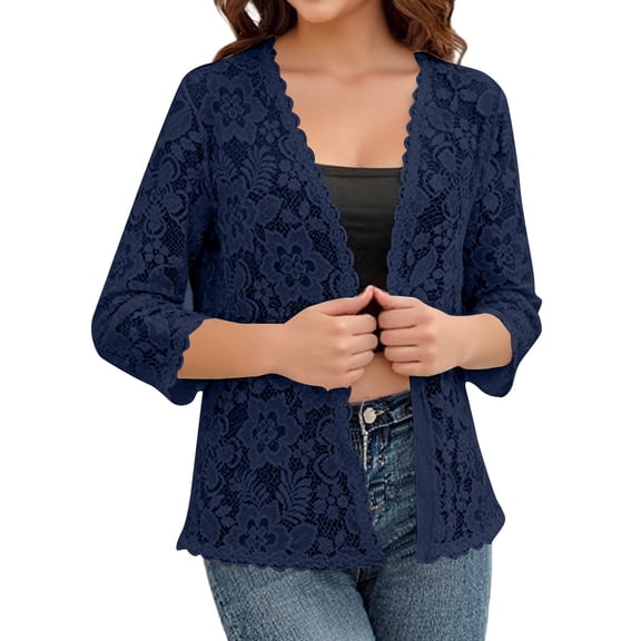 Lace Cardigan for Women 3/4 Sleeve Open Front Lightweight Crochet Shrug Bolero Open Dressy Casual Summer Cover Up Sweater Navy 2XL